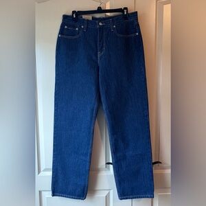 Levi's Women's Low Pro Pinstripe Jeans, featuring a mid-rise, straight-leg fit.